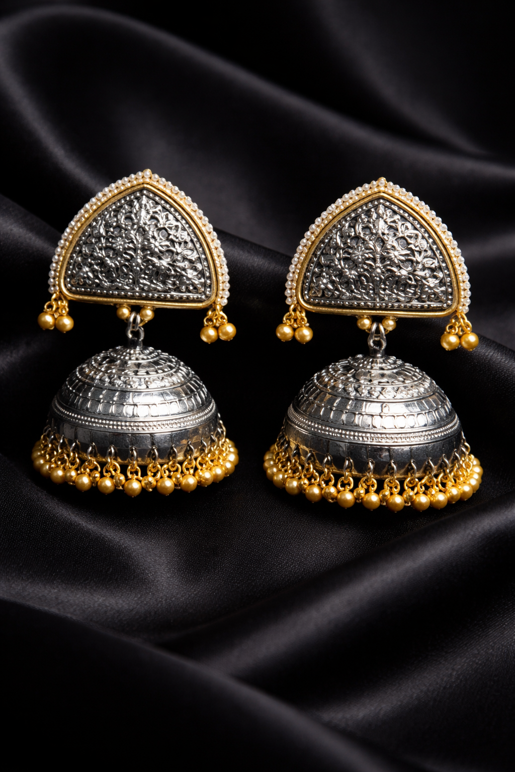 Zevar Club Oxidised Dual-Toned Gold & Silver Triangle Jhumka Earrings with Silver Ghungroo Beads