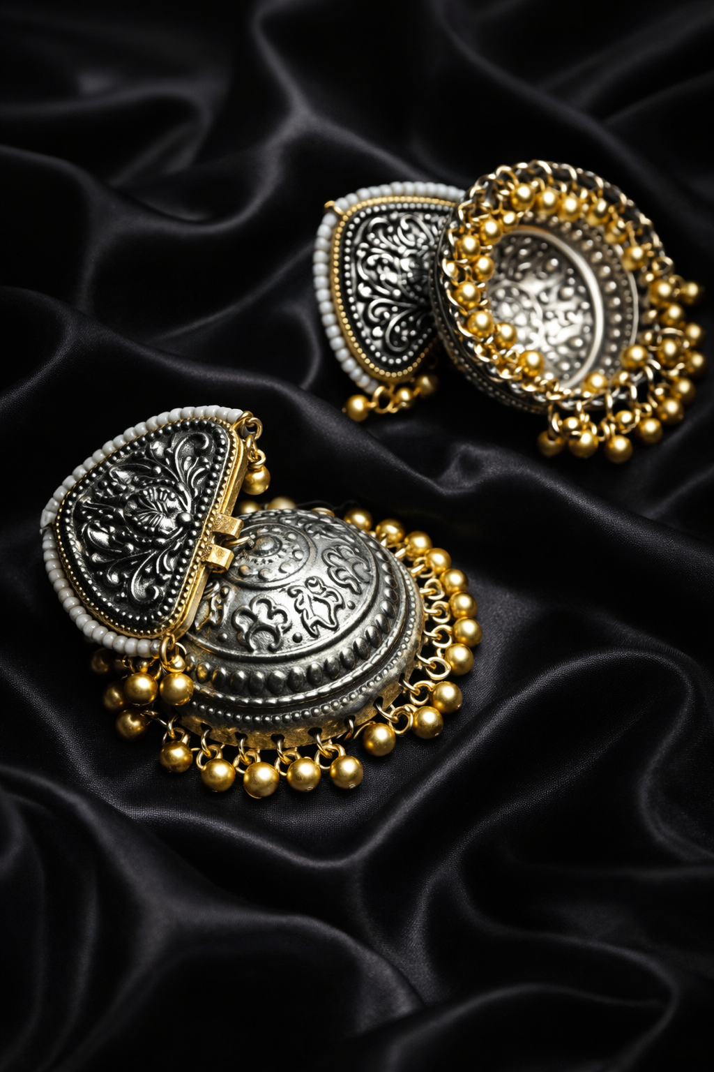 Zevar Club Oxidised Dual-Toned Silver & Gold Jhumka Earrings with Golden Ghungroo Beads