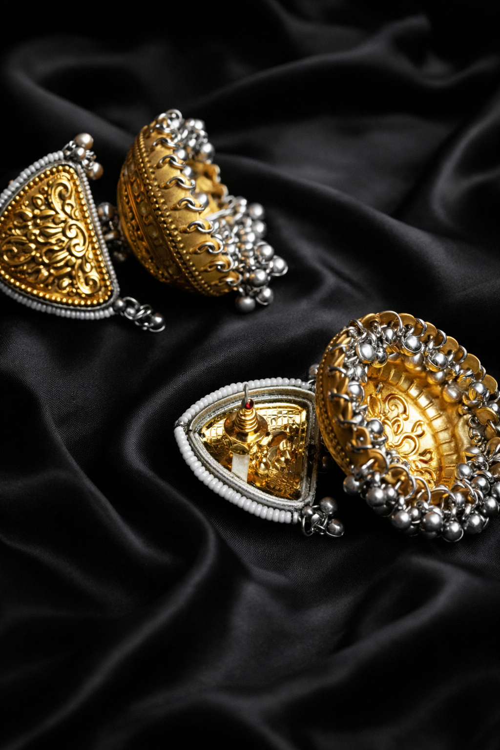 Zevar Club Oxidised Dual-Toned Gold & Silver Triangle Jhumka Earrings with Silver Ghungroo Beads