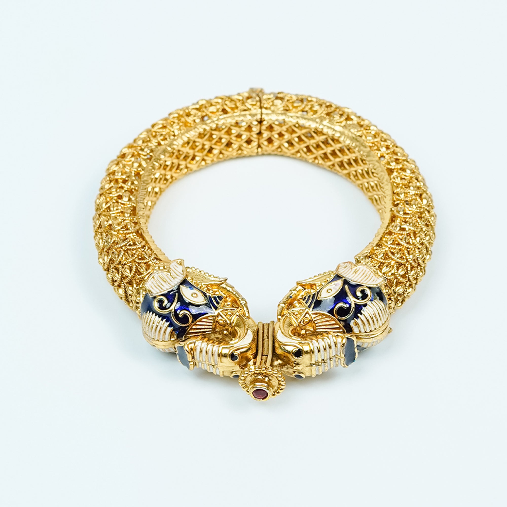 Zevar Club 18K Gold Plated Handcrafted Rajwadi Kada Bracelet with Blue Enamel Elephant Motif for Women