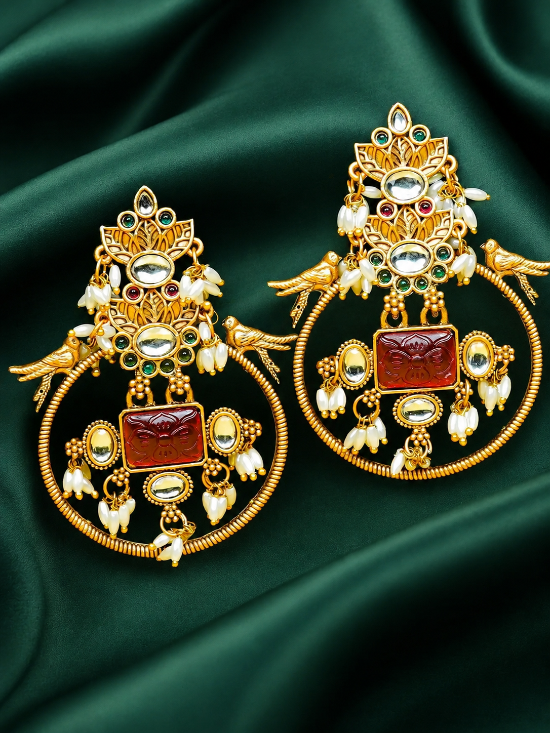 Zevar Club 18K Gold-Plated White Kundan Studded Bird Motif Drop Earrings with Pearls & Red Stone