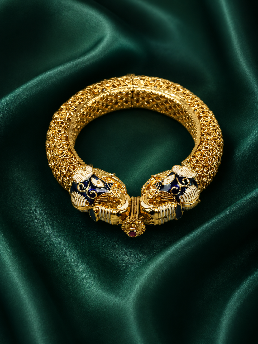 Zevar Club 18K Gold Plated Handcrafted Rajwadi Kada Bracelet with Blue Enamel Elephant Motif for Women
