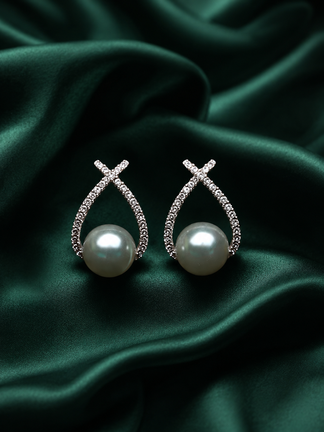 Zevar Club Rhodium-Plated Handcrafted Cubic Zirconia & White Pearl Loop Stud Earrings