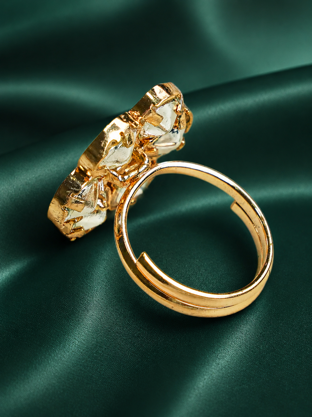 Zevar Club Gold-Toned White Kundan Studded Floral Adjustable Ring with Green Center Stone