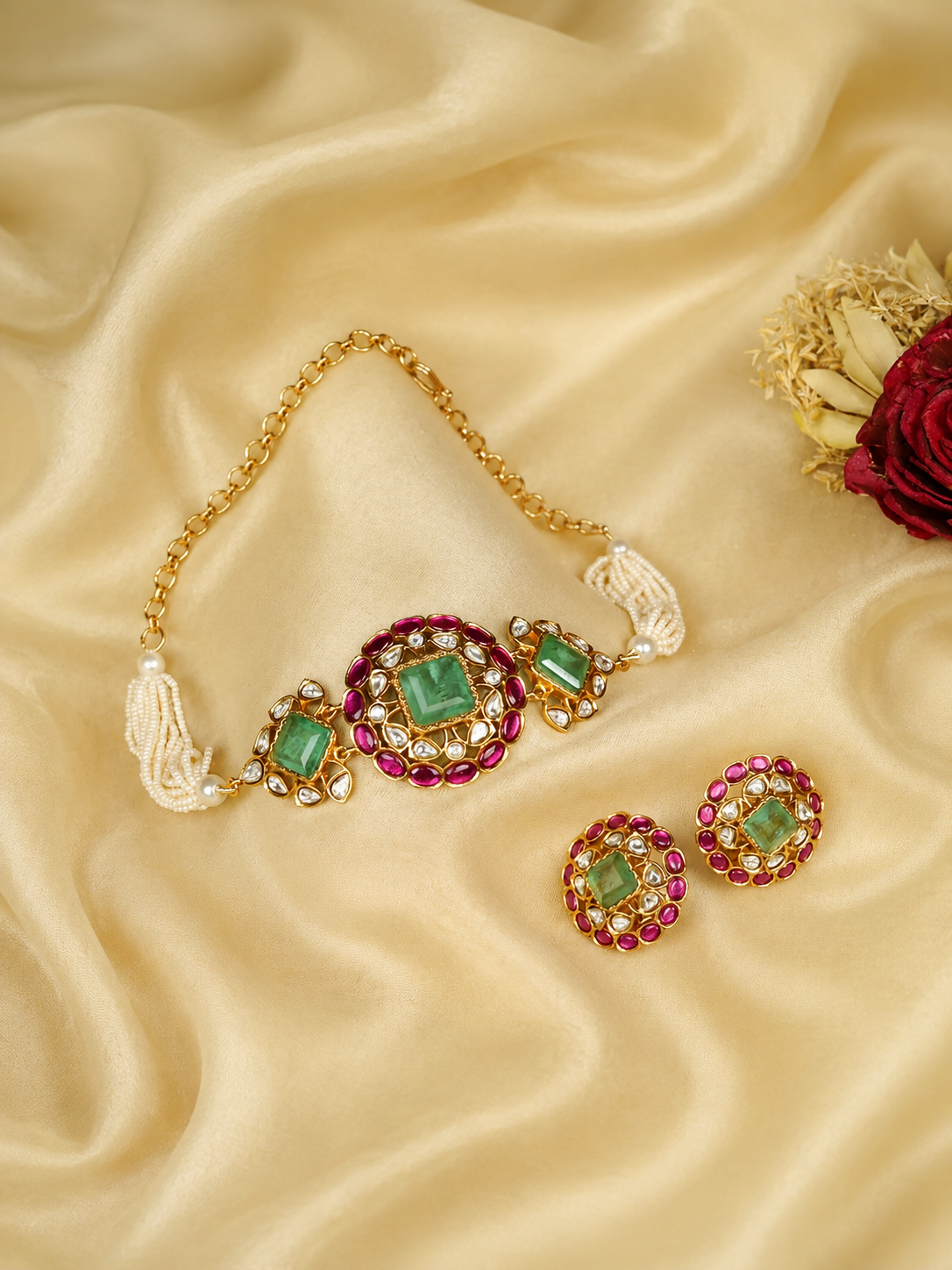Zevar Club White Stone & Ruby Pink Studded Handcrafted Choker Necklace Set with Kundan & Pearl Beaded Detailing