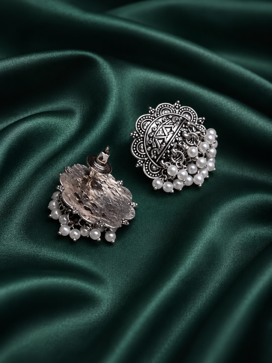 Zevar Club Antique Silver-Toned Statement Stud Earrings with Pearl Cluster Drops & Carved Motif
