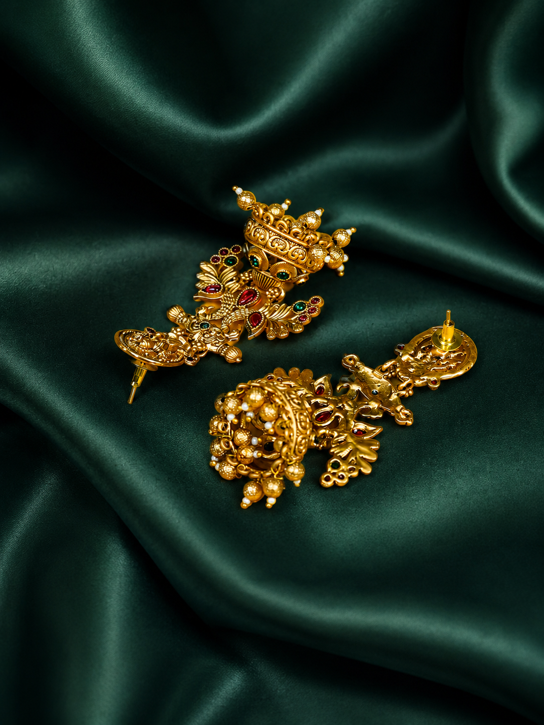 Zevar Club 22K Gold-Plated Lakshmi Motif Temple Jhumka Earrings with Red & Green Stones Accents