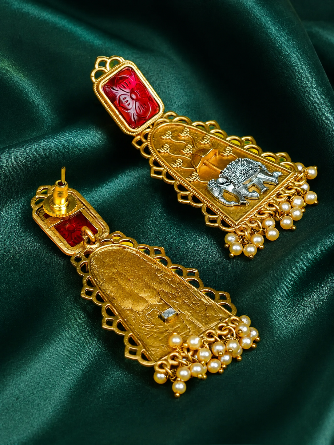 Zevar Club Oxidised Gold & Silver-Toned Elephant Motif Earring with Red Top & Pearls Drops