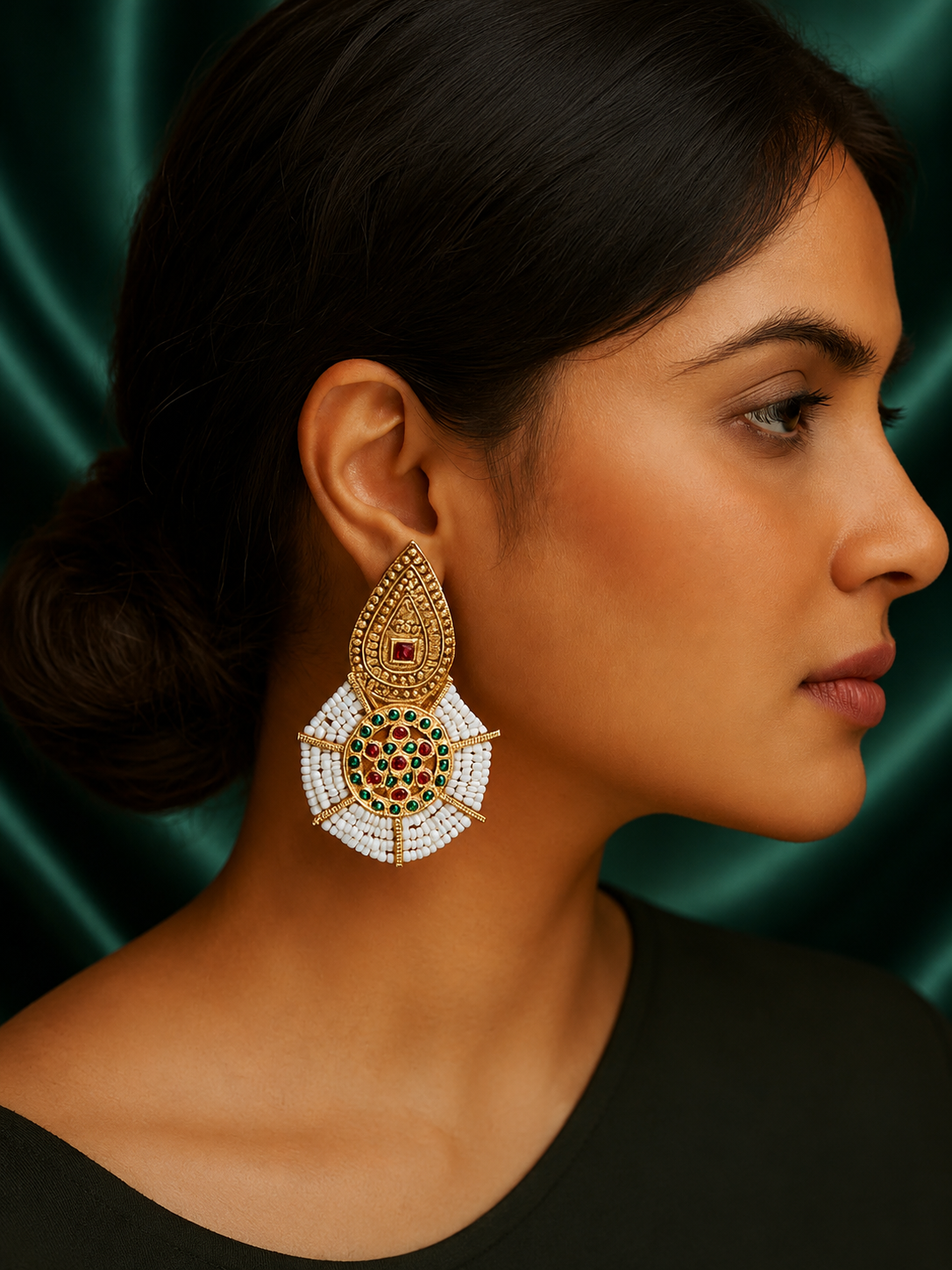 Zevar Club Gold-Toned Red & Green Stone Studded White Seed Beaded Circular Drop Earrings