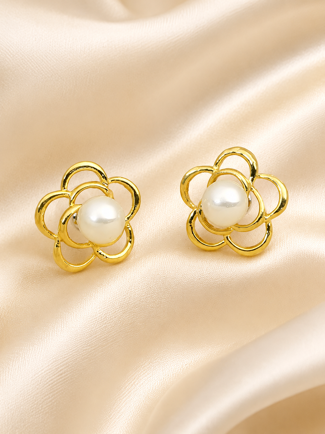 Zevar Club Gold Tone Glossy White Pearl Beaded Open Petal Floral Stud Earrings for Women