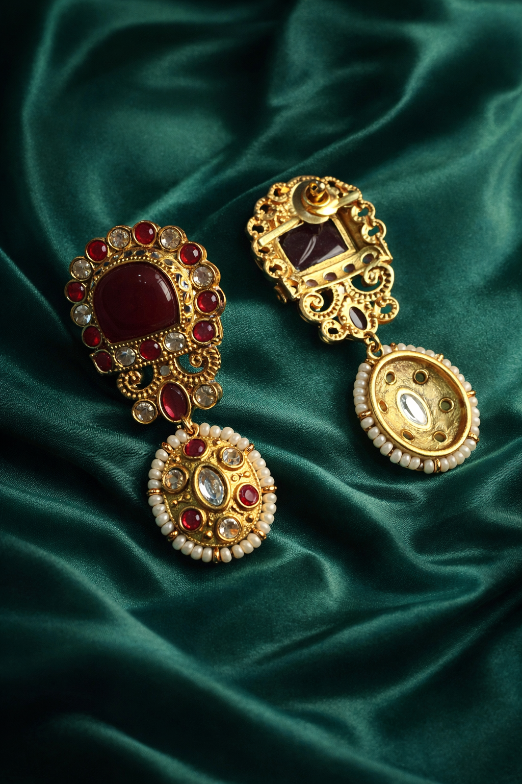 Bridal Inspired Ruby Kundan Pearl Drop Earrings