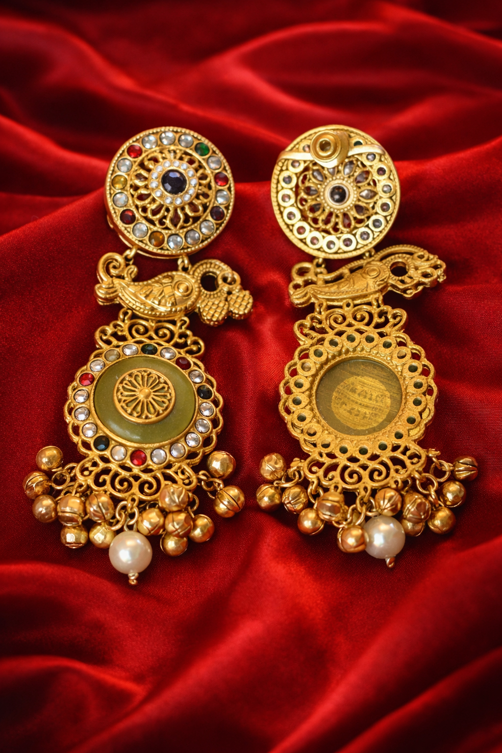 Zevar Club 14K Statement Antique Peacock Motif Navratan Kashmiri Earrings