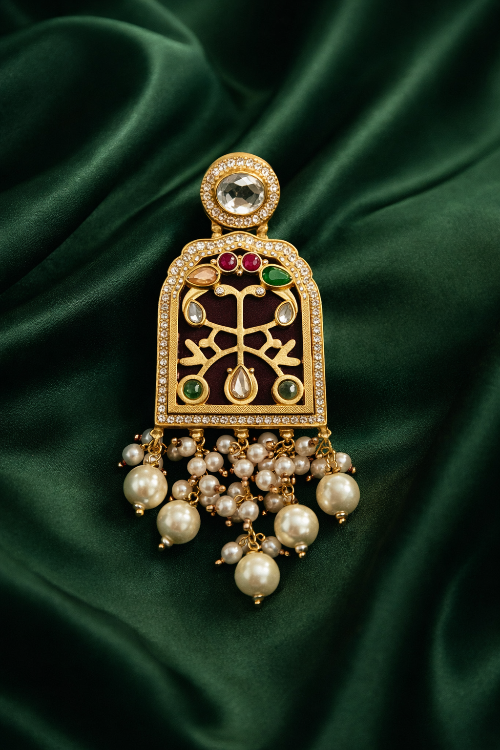 Festive Maroon Kundan Pearl Dangler Earrings