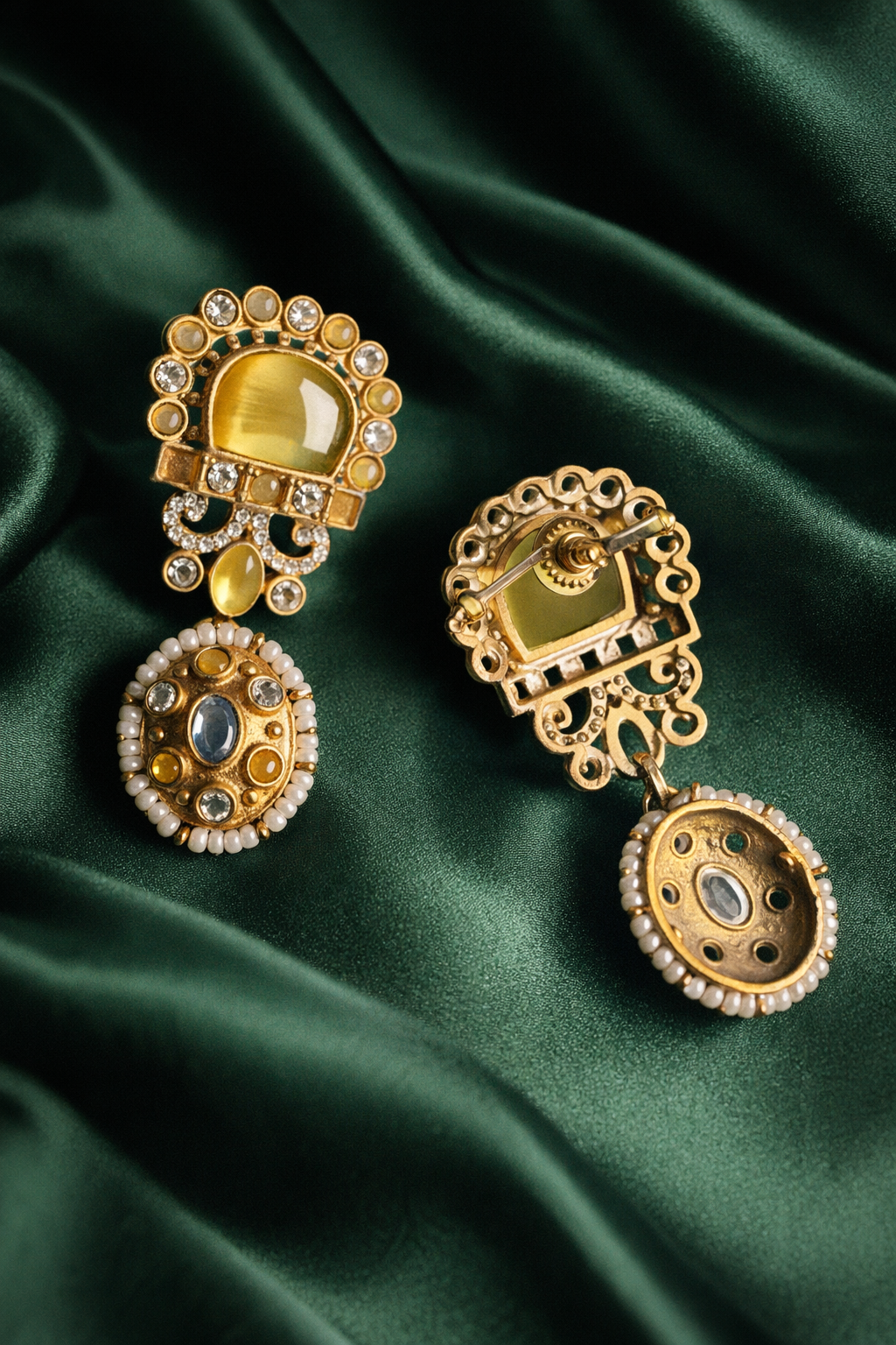 Bridal Inspired Yellow Kundan Pearl Drop Earrings