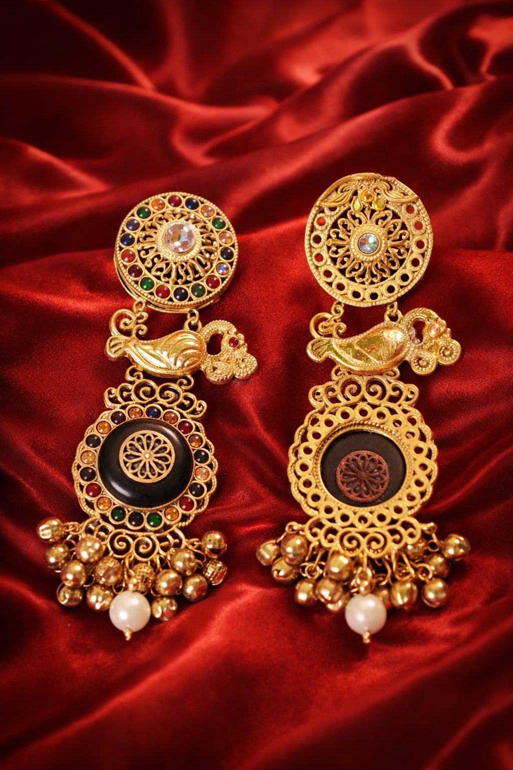 Zevar Club 14K Statement Antique Peacock Motif Navratan Kashmiri Earrings
