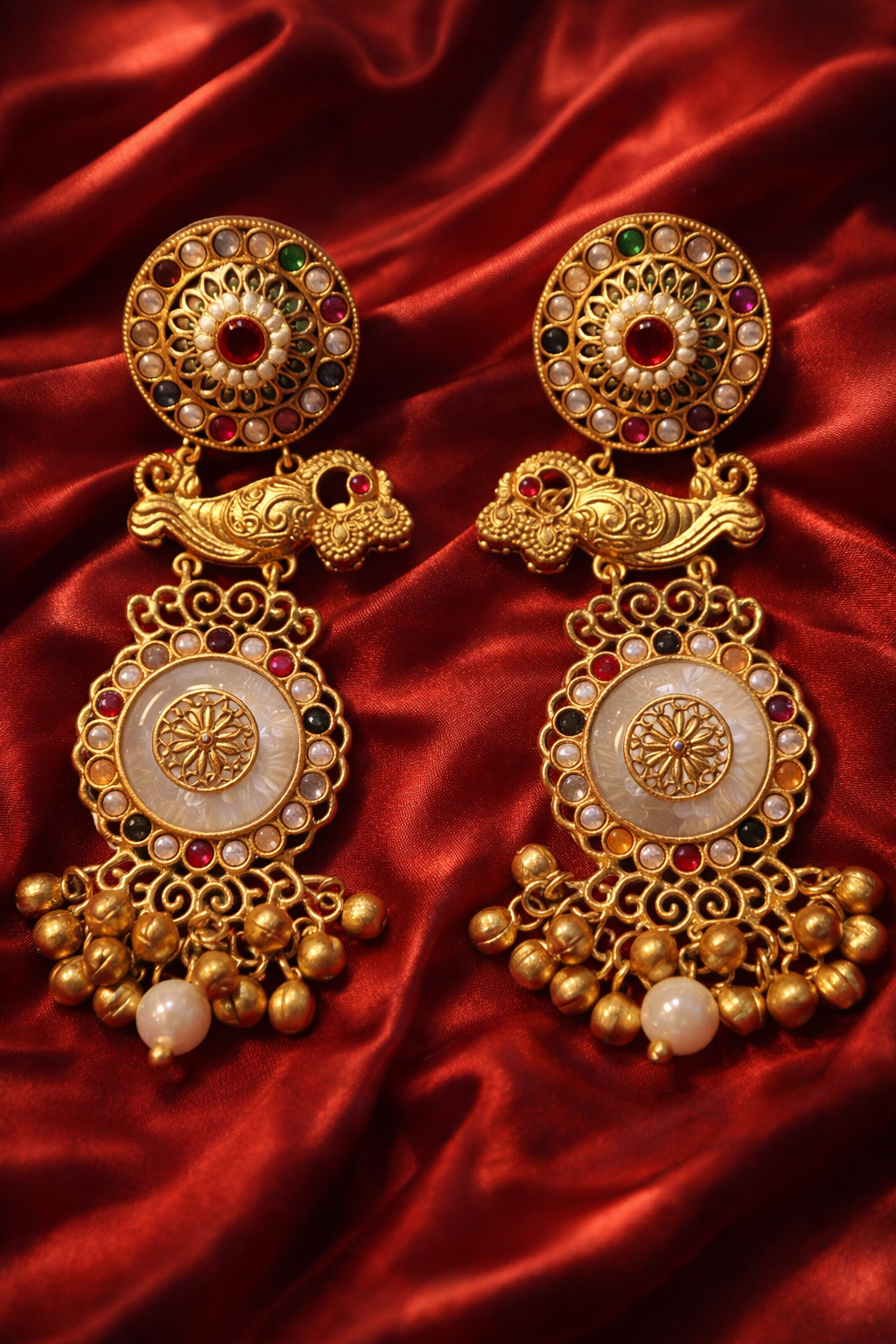Zevar Club 14K Statement Antique Peacock Motif Navratan Kashmiri Earrings