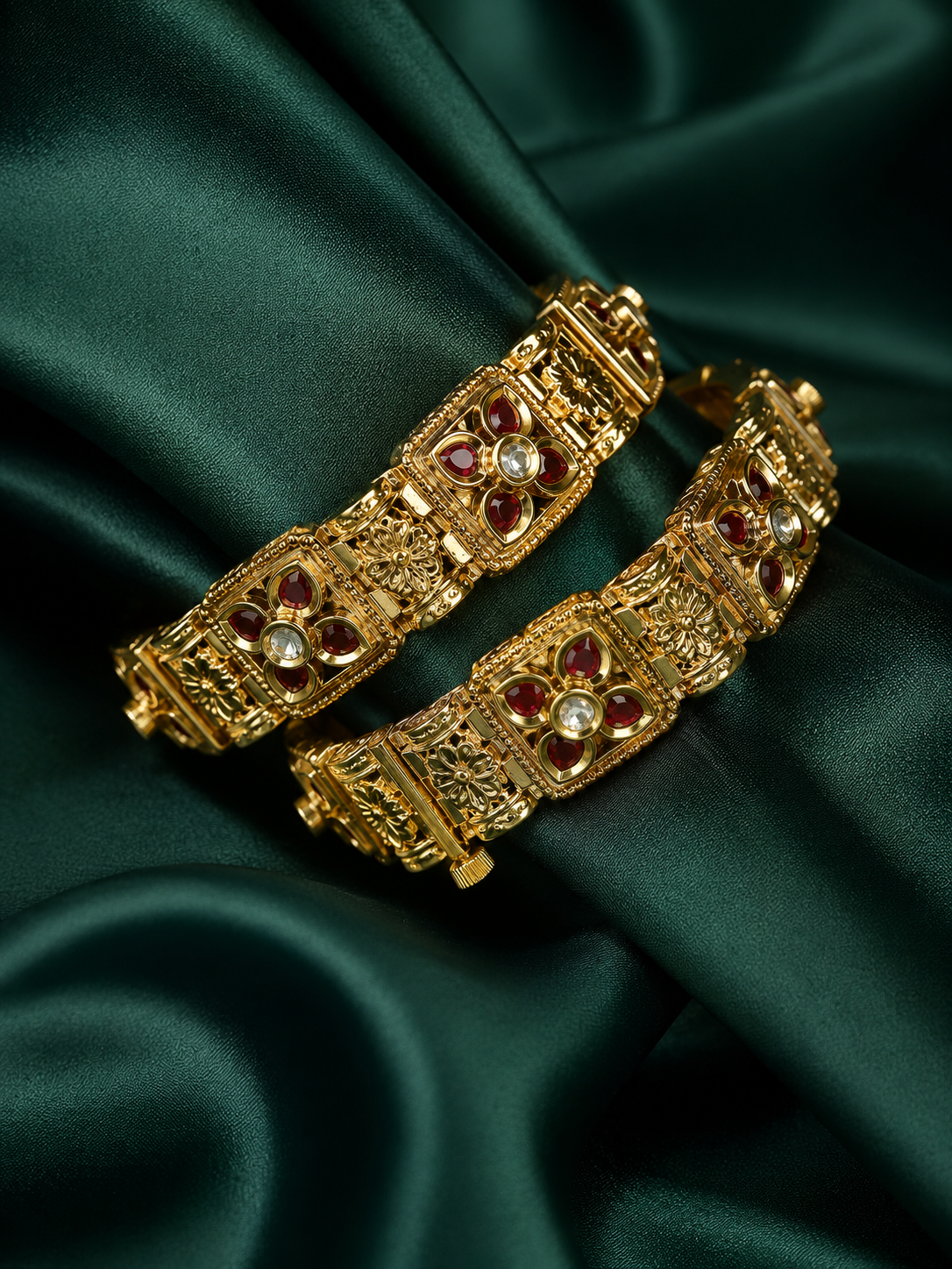 Zevar Club Set of 2 22K Gold-Plated Handcrafted Floral Drop Bangles with White Pearl Accents for Women