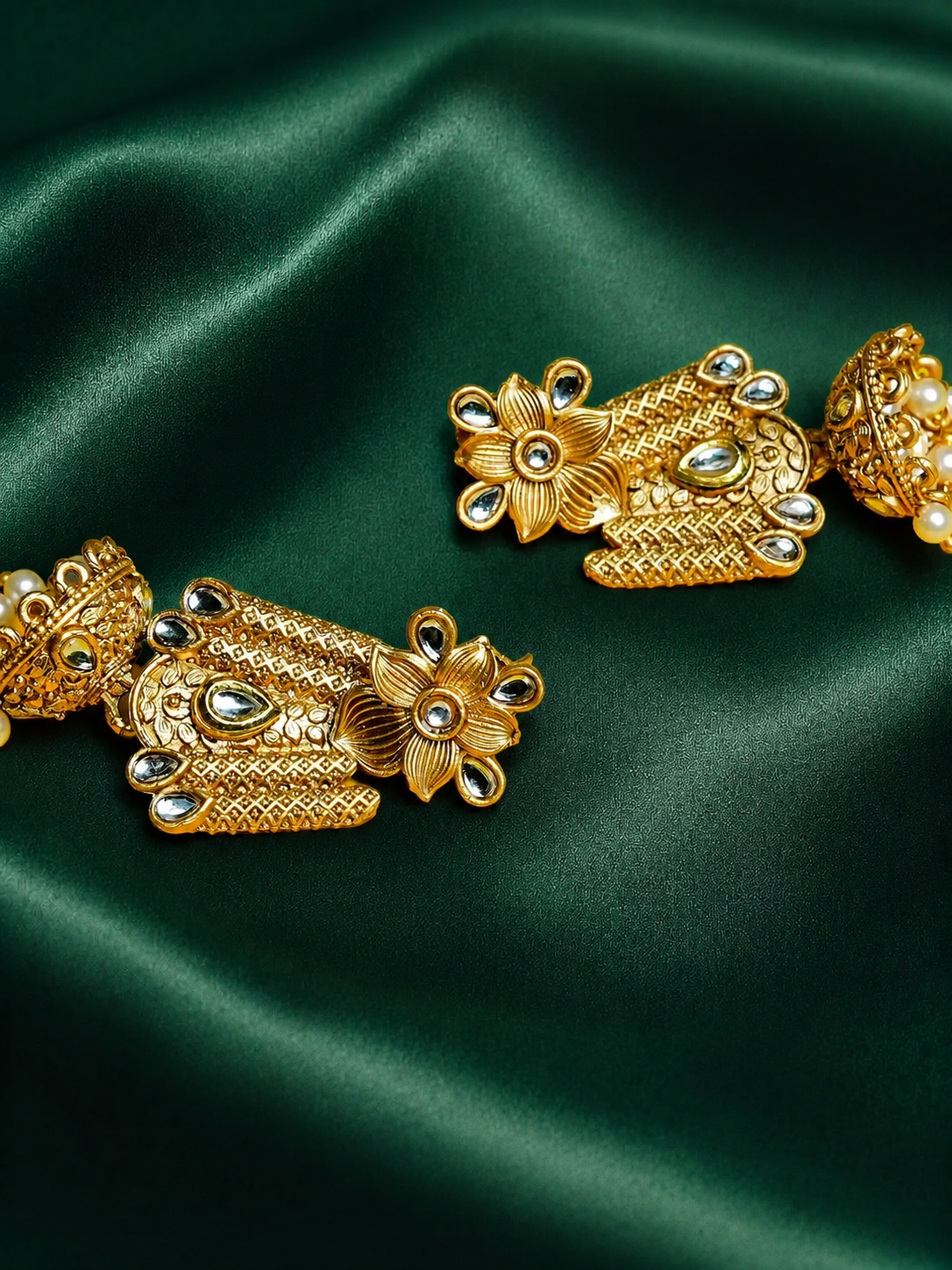 Zevar Club 18K Gold-Plated White Kundan Stone Studded Floral Drop Earrings with Pearl Jhumka