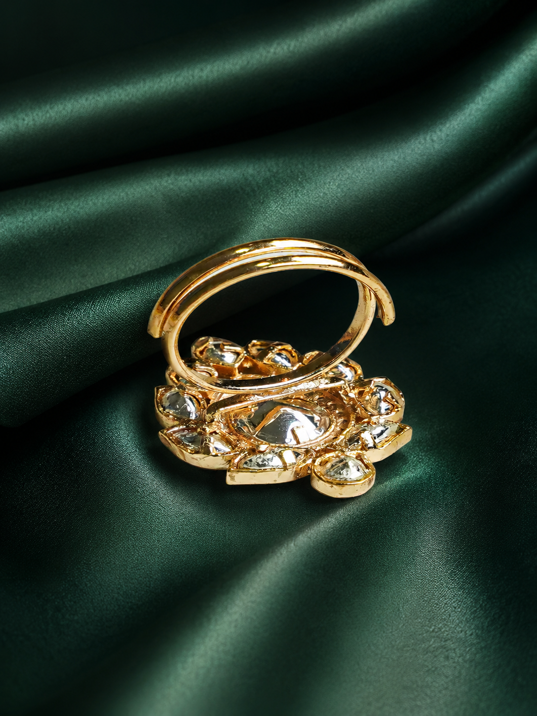 Zevar Club Gold-Toned White Kundan & Cubic Zirconia Studded Leaf Motif Adjustable Statement Ring