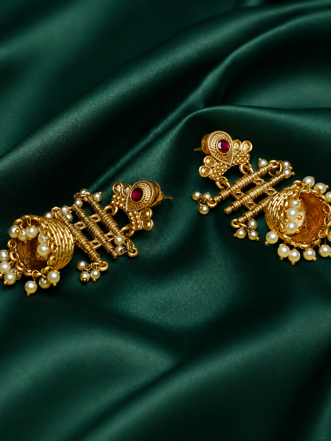 Zevar Club 18K Gold-Plated Green Kundan Studded Layered Traditional Jhumka Earrings with Pearls