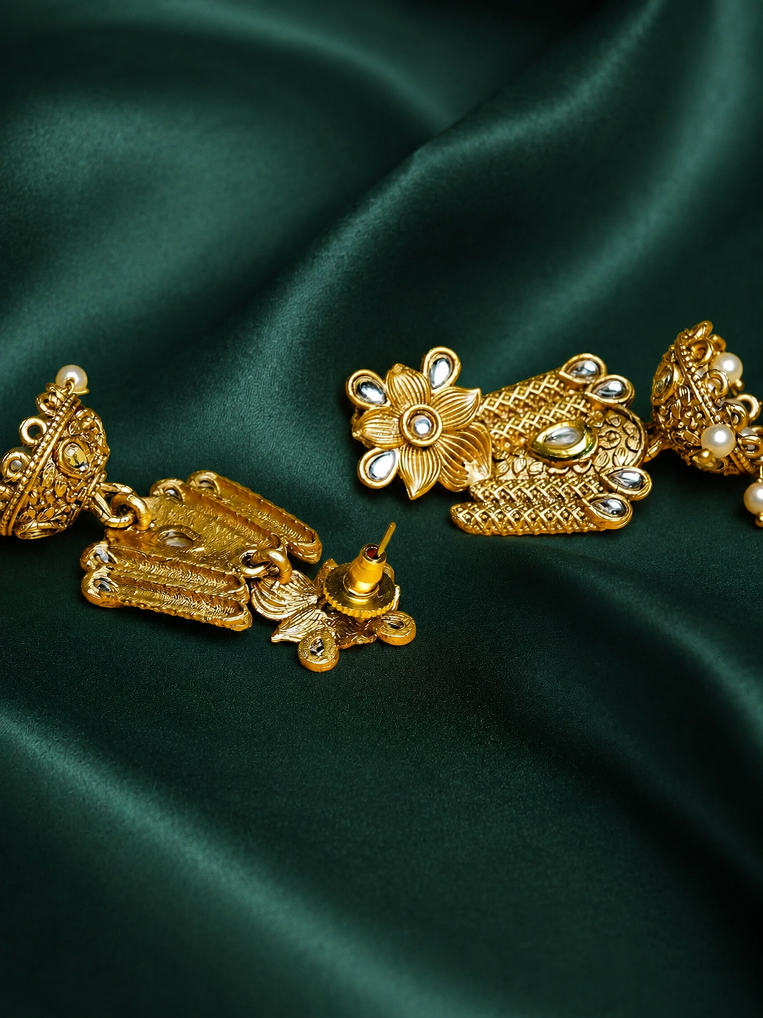 Zevar Club 18K Gold-Plated Green Kundan Stone Studded Floral Drop Earrings with Pearl Jhumka