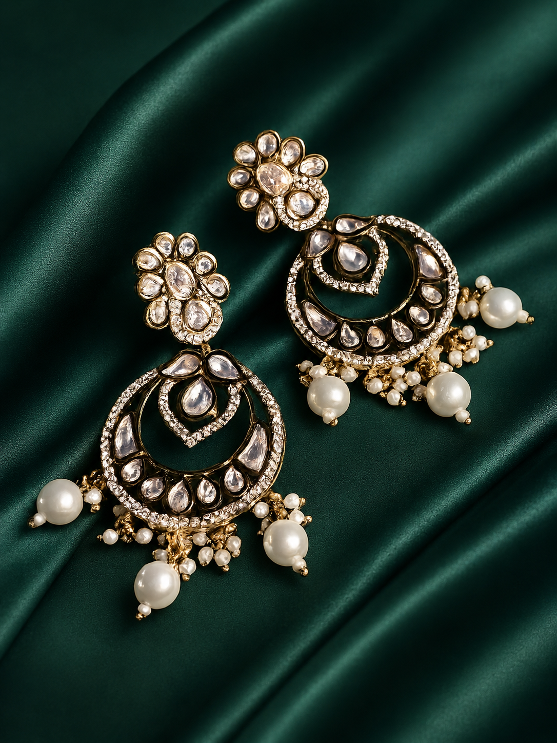 Festive Traditional Kundan Chandbali Earrings With Pearls