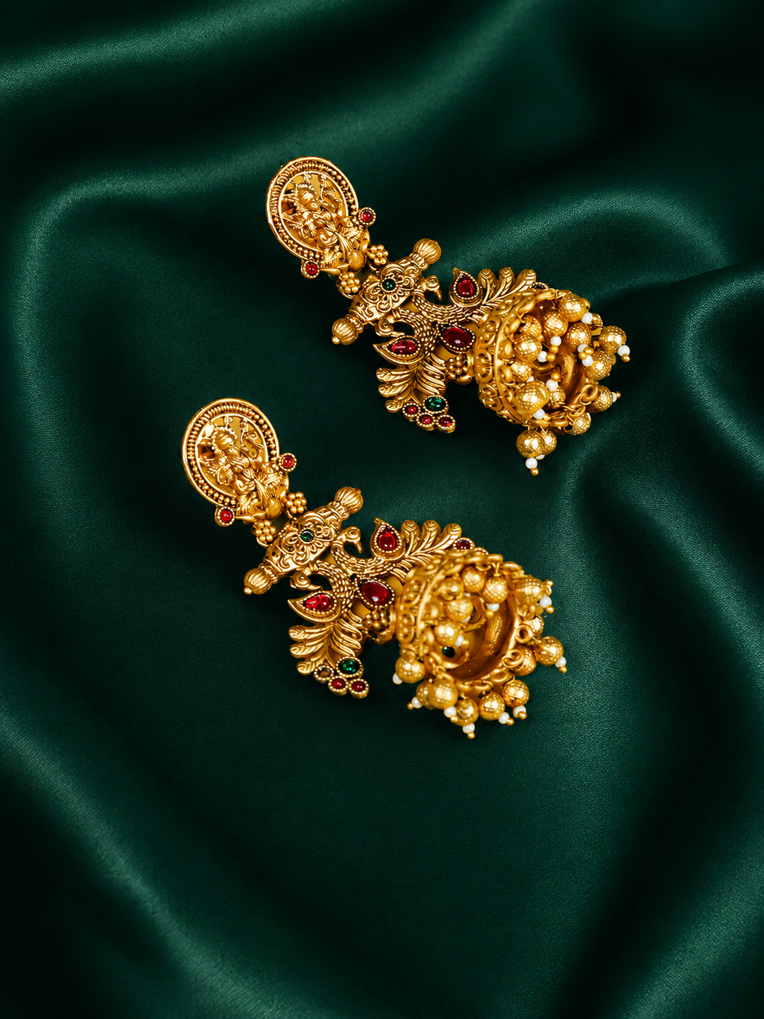Zevar Club 22K Gold-Plated Lakshmi Motif Temple Jhumka Earrings with Red & Green Stones Accents