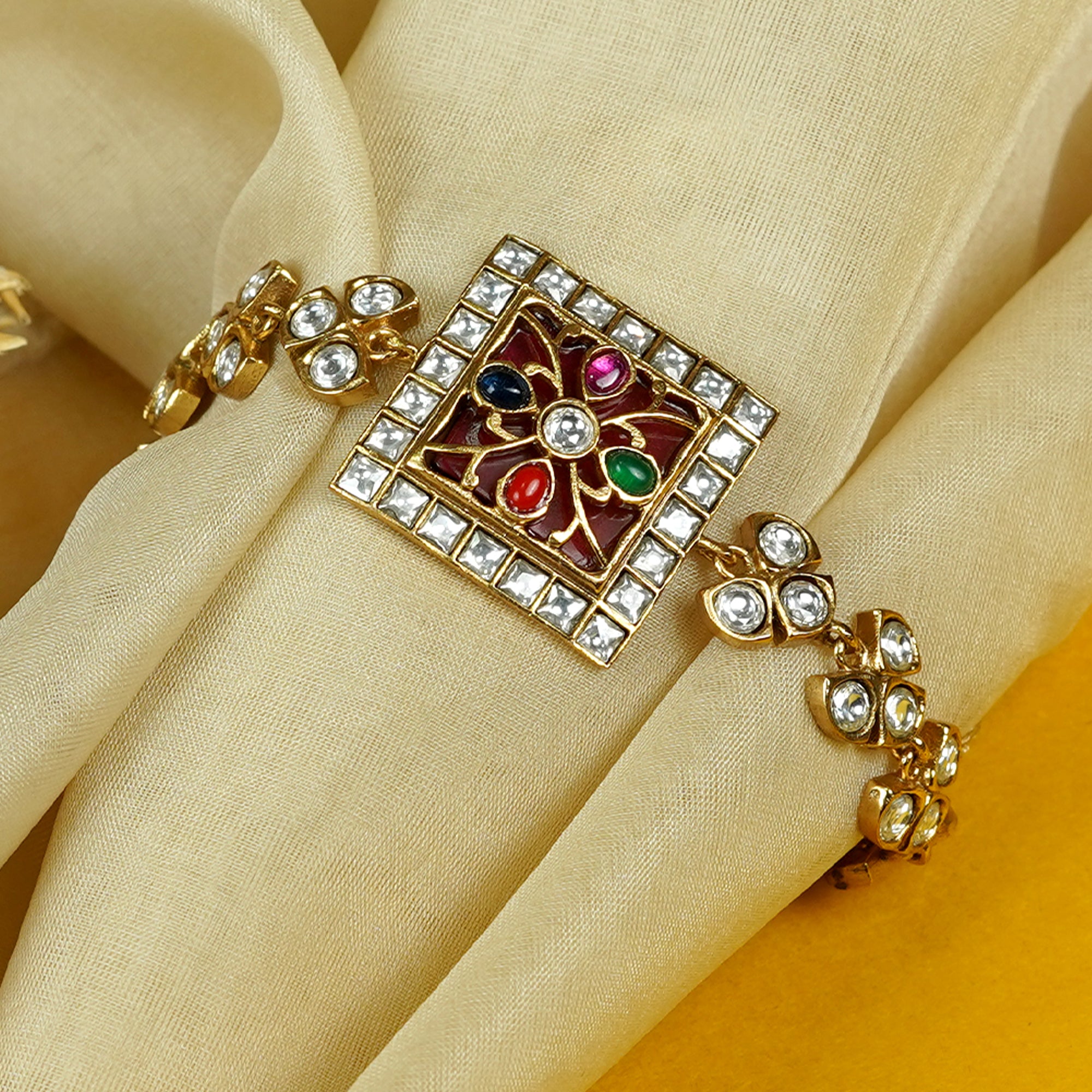 Zevar Club Gold Tone Multicolor Kundan Stone Studded Square Floral Motif Handcrafted Bracelet for Women