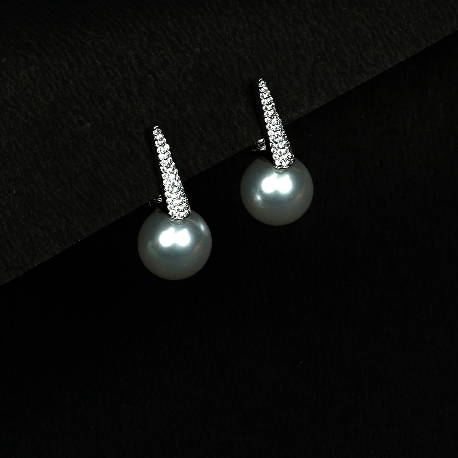 Zevar Club Rhodium-Plated Handcrafted Pointed Cubic Zirconia Top & Glossy Pearl Drop Earrings