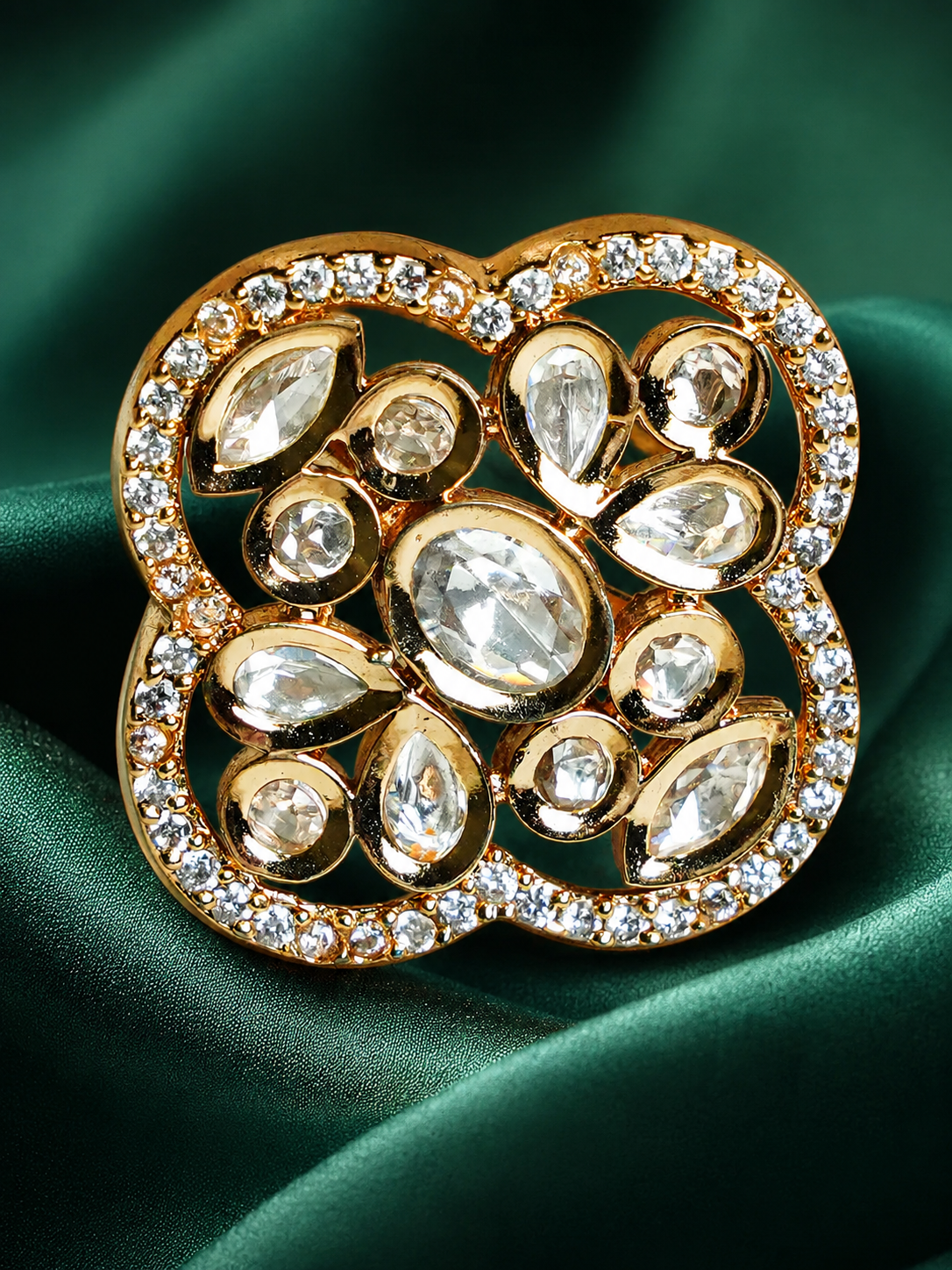 Zevar Club Gold-Toned White Kundan & Cubic Zirconia Studded Floral Adjustable Statement Ring