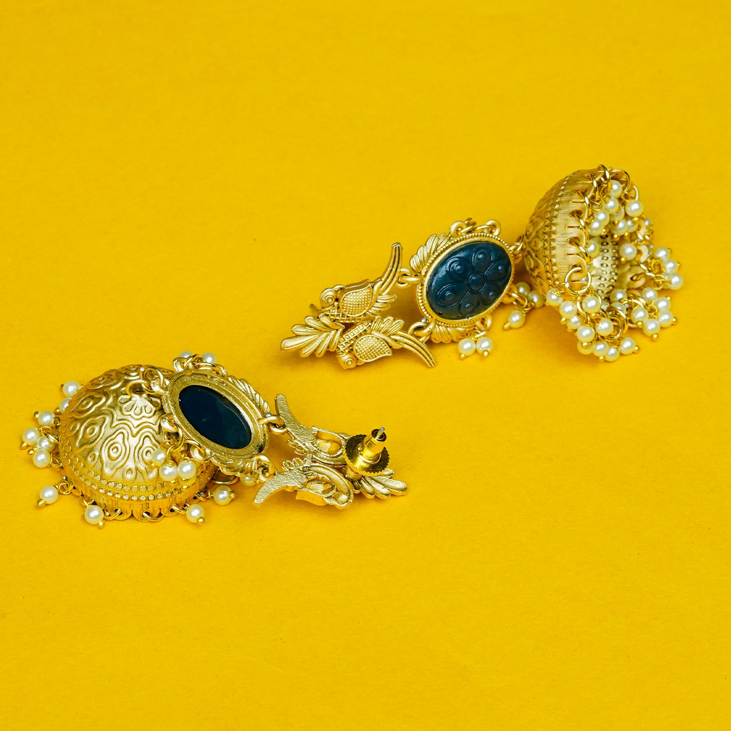 Zevar Club 22K Gold-Plated Green Carved Stone Jhumka Earrings with Bird Motif & Pearls Drops
