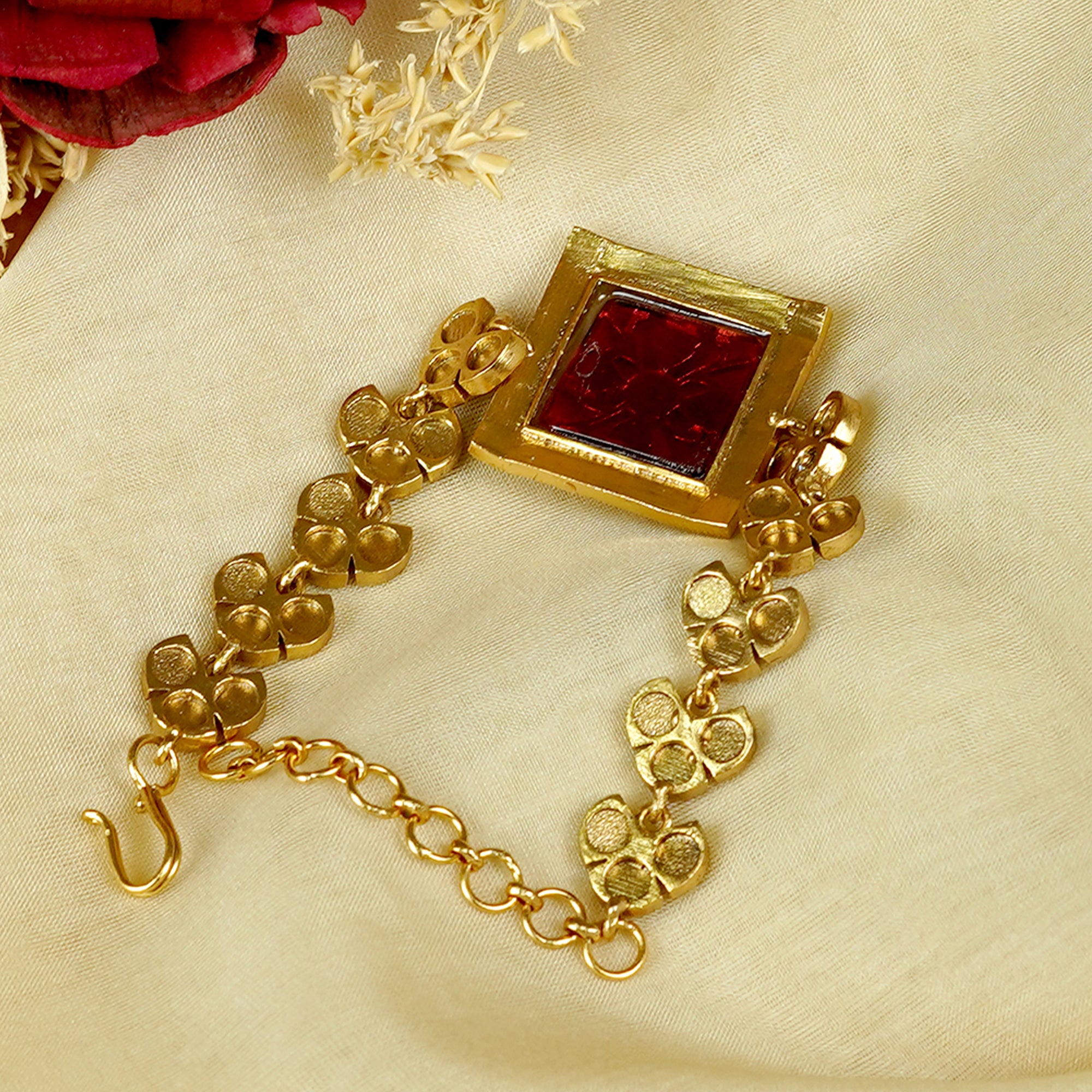 Zevar Club Gold Tone Multicolor Kundan Stone Studded Square Floral Motif Handcrafted Bracelet for Women