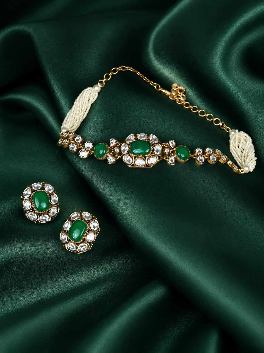 Zevar Club Ruby Red Stone & White Kundan Studded Handcrafted Choker Necklace Set with Pearl Beaded Accents