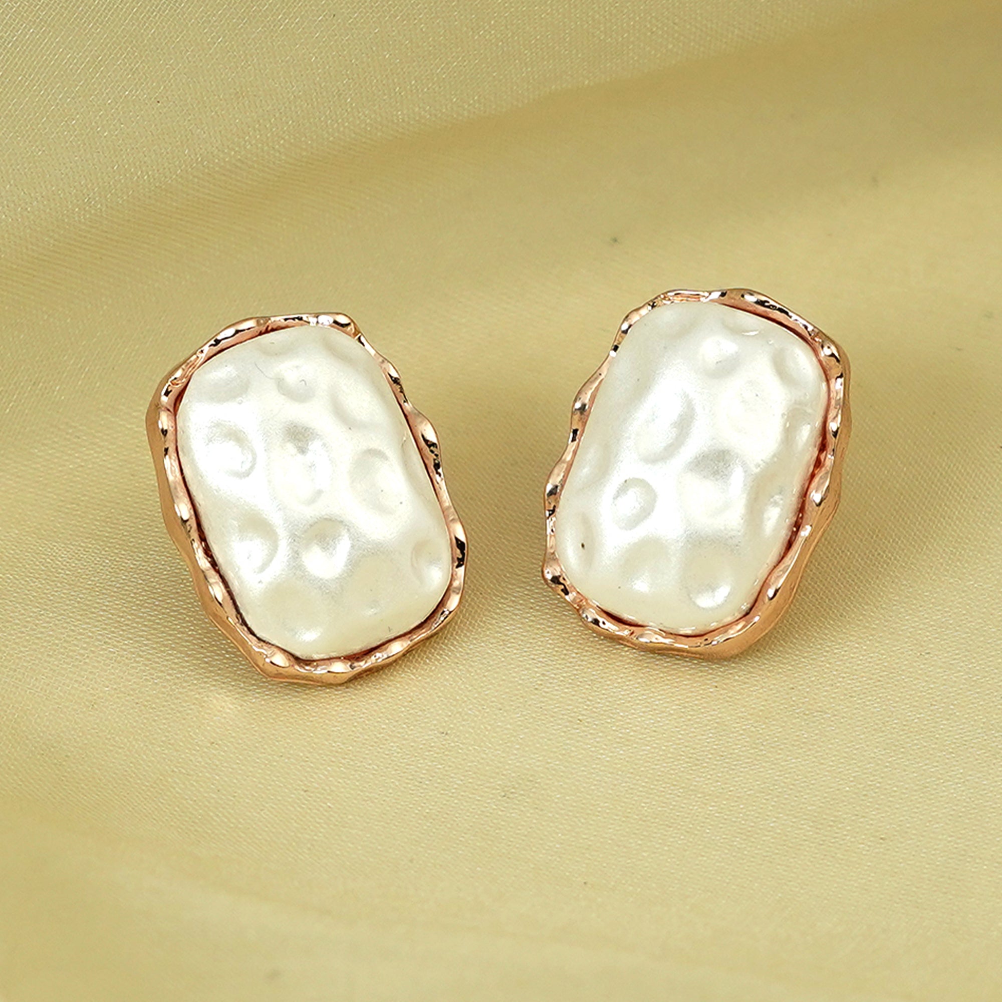 Zevar Club Rose Gold Tone White Pearl-Textured Sculpted Frame Stud Earrings for Women
