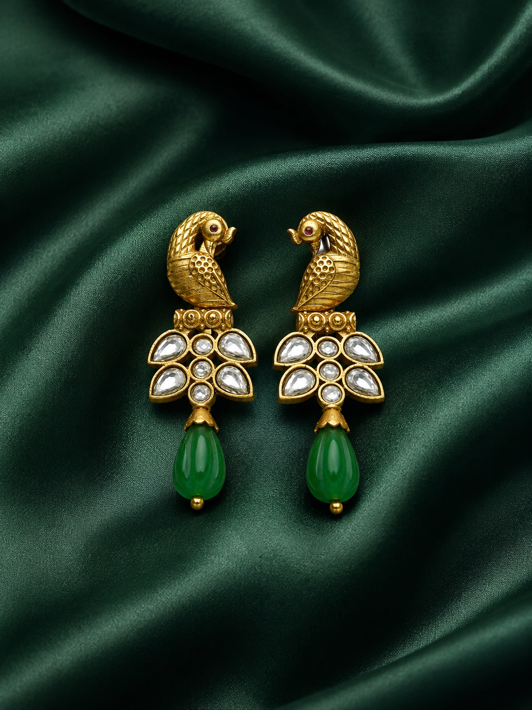 Peacock Kundan Antique Gold Drop Earrings