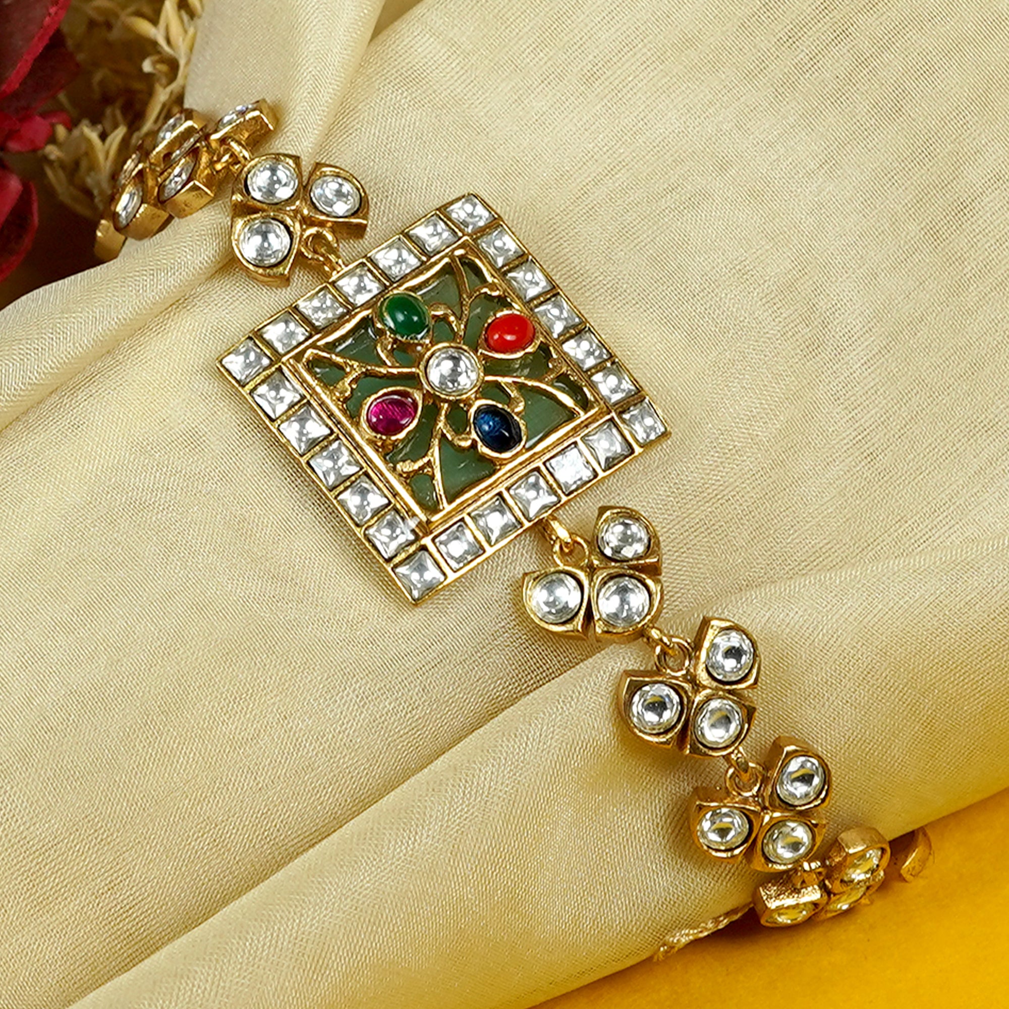 Zevar Club Gold Tone Multicolor Kundan Studded Handcrafted Square Floral Motif Bracelet with Shiny White Stone Drops for Women
