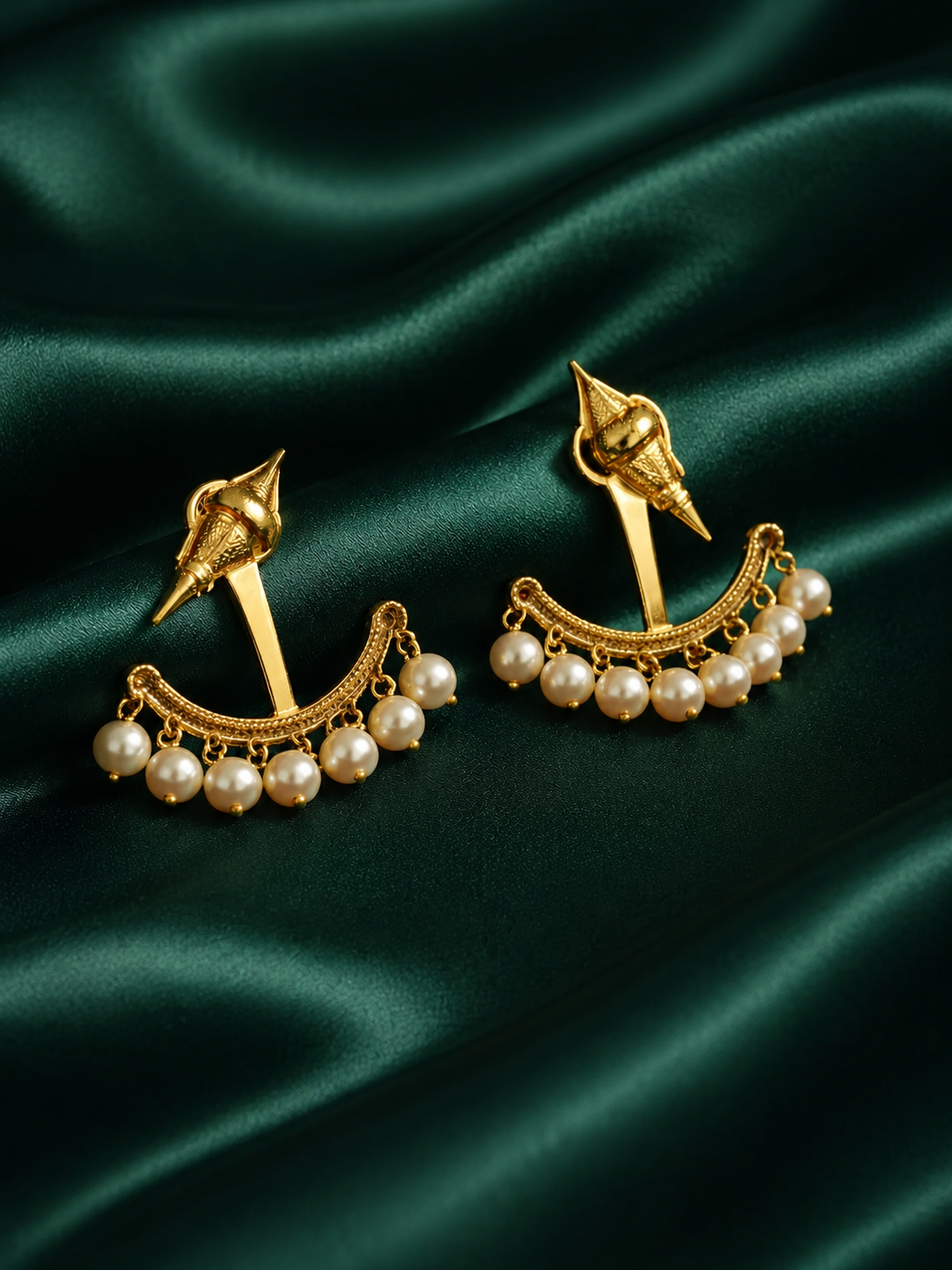 Zevar Club 18K Gold-Plated Statement Stud Earrings with Pointed Top & Cream Pear Pearl Crescent Drop