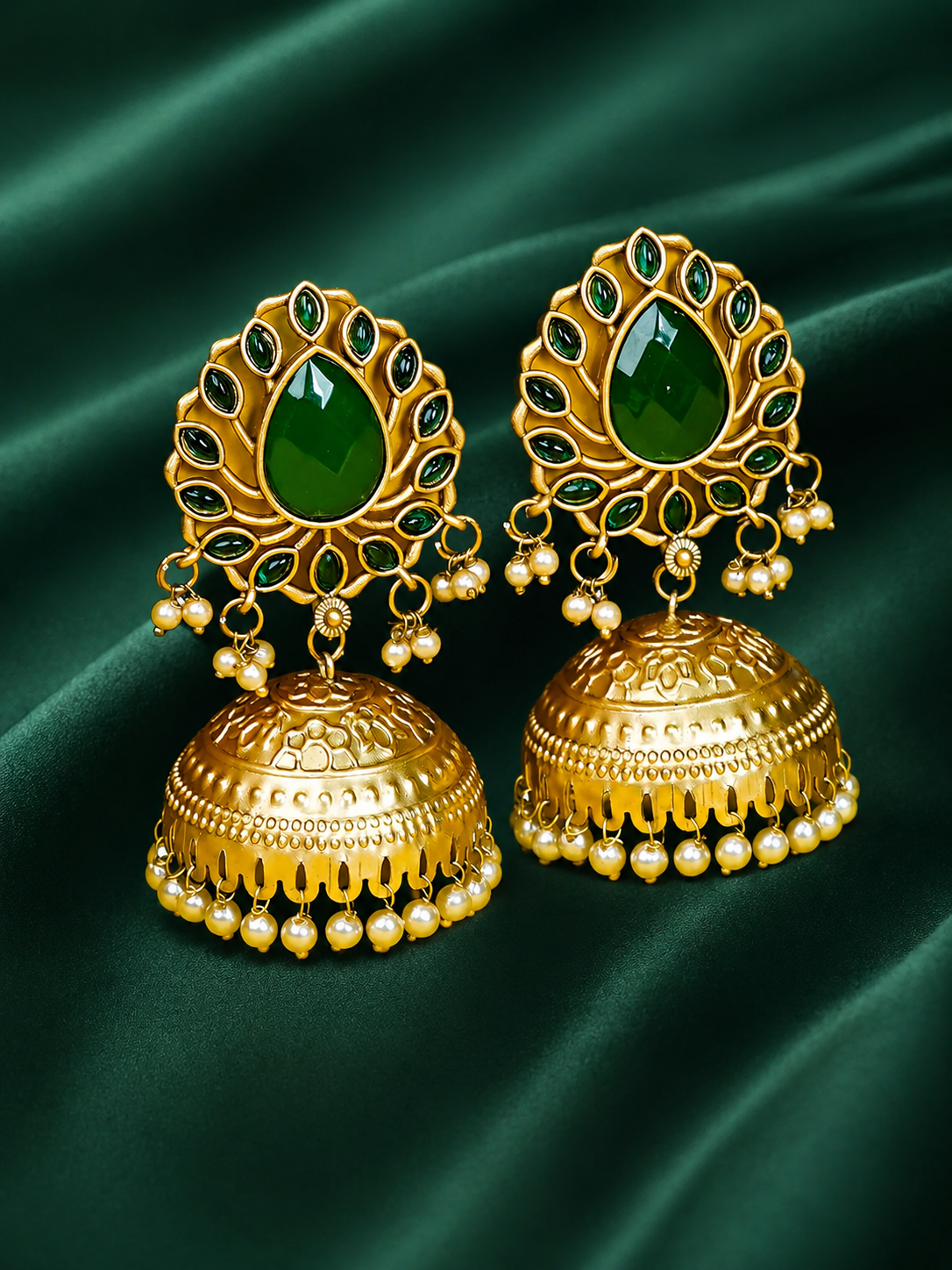 Zevar Club 22K Gold-Plated Ruby Red Stone Studded Jhumka Earrings with Pearl Drops