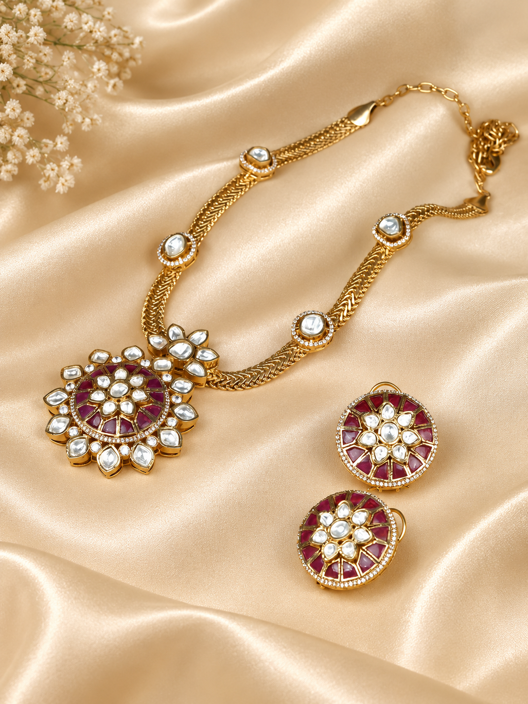 Zevar Club 24K Gold Plated White Kundan Studded Ruby Red Enamel Handcrafted Floral Jewellery Set with Pendant & Earrings for Women