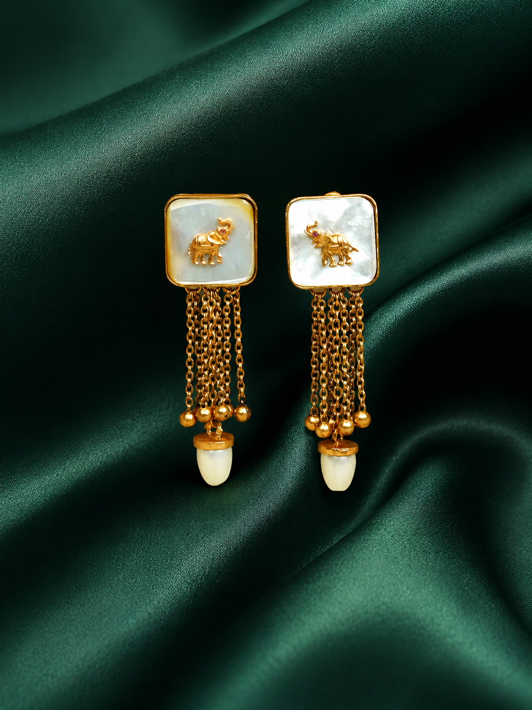 Zevar Club 22K Gold-Plated Handcrafted White Enamelled Elephant Motif Earrings with White Beads & Multi-Layered Chain Drops