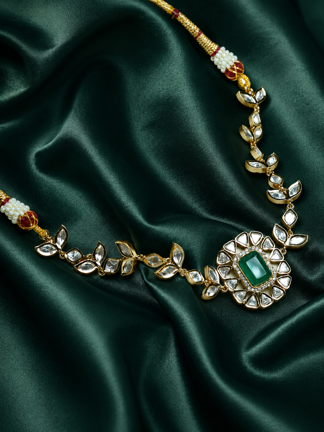 Zevar Club 18K Gold-Plated Emerald Green & White Kundan with Cubic Zirconia Accents Royal Statement Jewellery Set