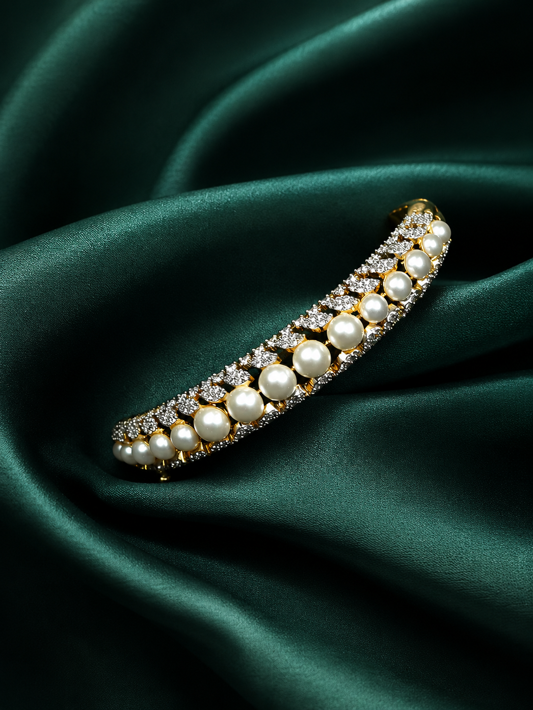 Zevar Club 22K Gold-Plated Handcrafted Pearl Embedded Design AAA Cubic Zirconia Studded Openable Bracelet