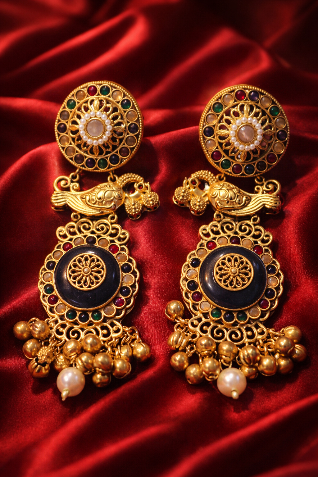 Zevar Club 14K Statement Antique Peacock Motif Navratan Kashmiri Earrings