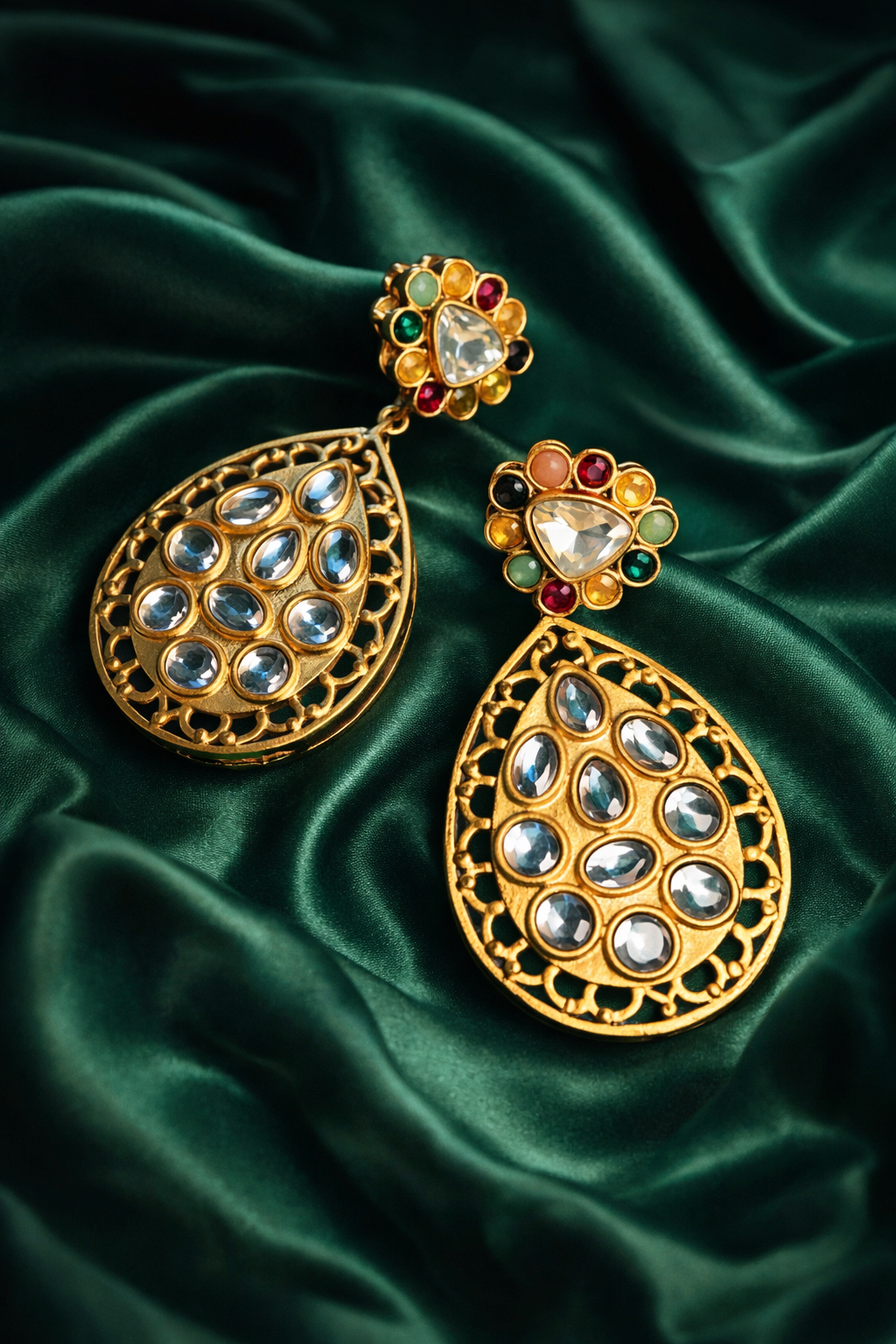 Celebration Wear Multicolour Kundan Drop Earrings