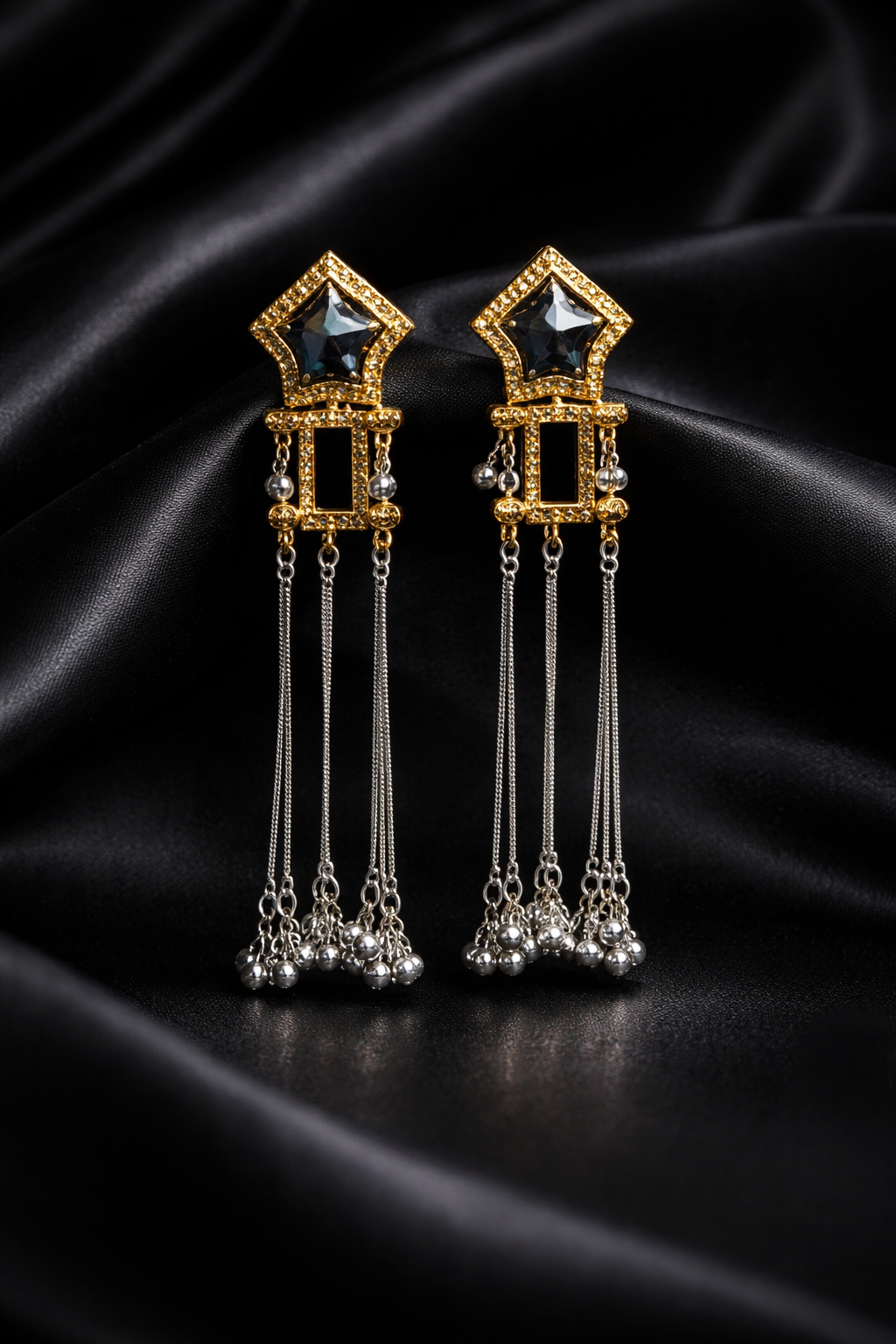 Zevar Club Oxidised Gold & Silver Long Chain Shoulder Duster Earrings with Black Enamel Top