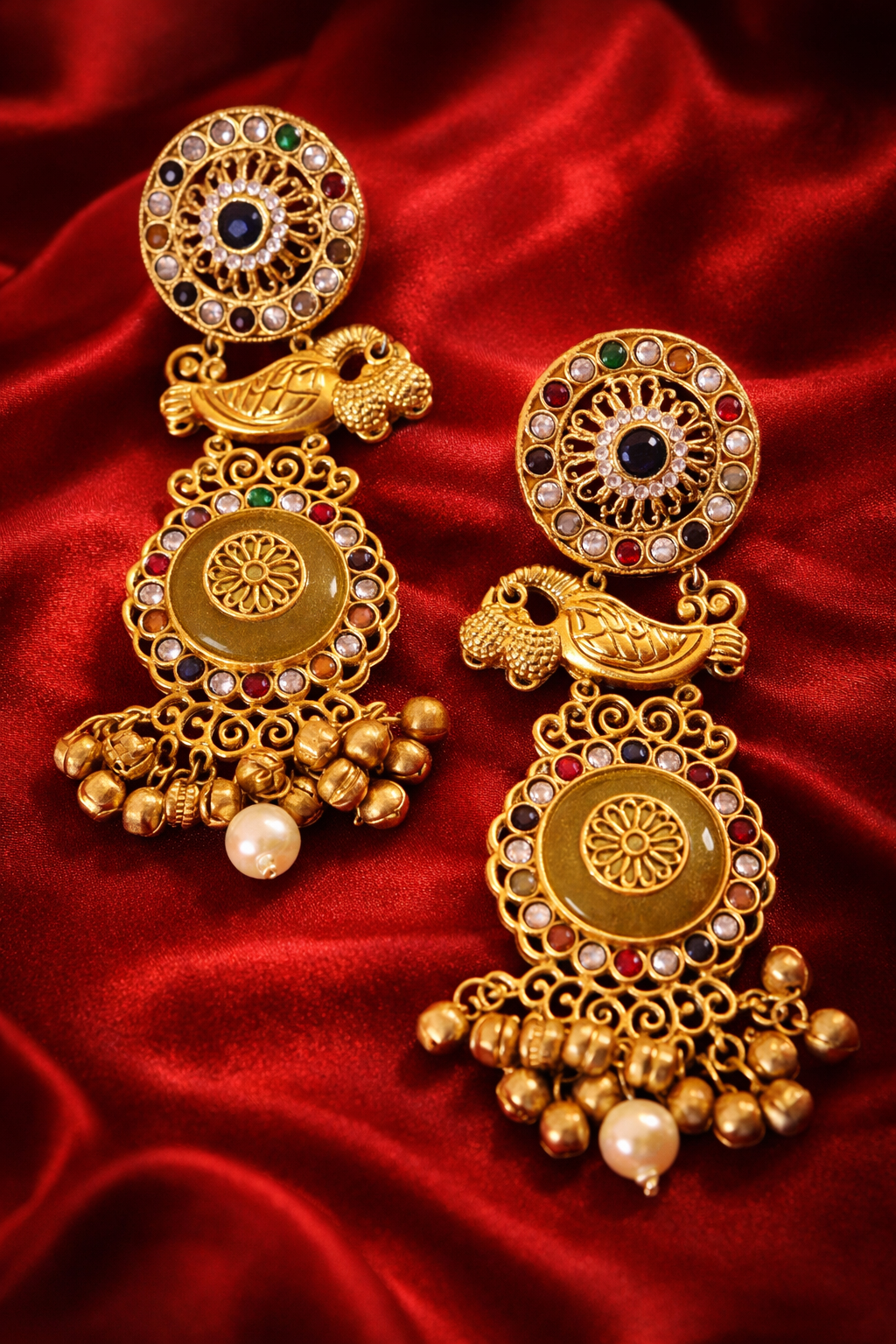 Zevar Club 14K Statement Antique Peacock Motif Navratan Kashmiri Earrings