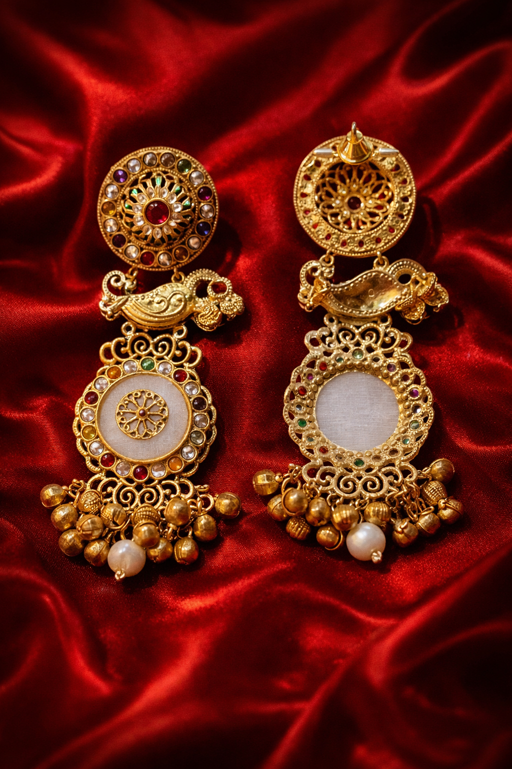 Zevar Club 14K Statement Antique Peacock Motif Navratan Kashmiri Earrings