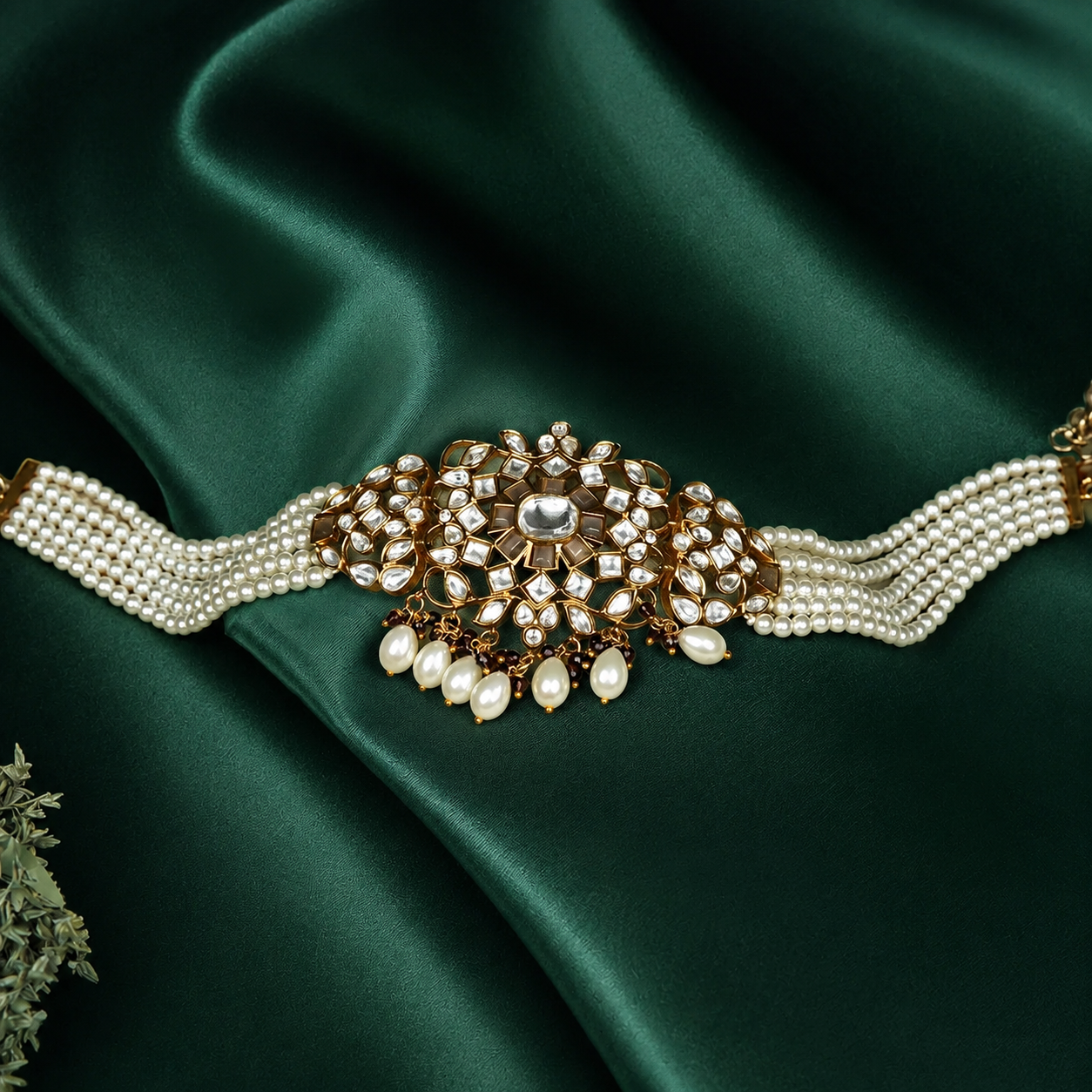 Zevar Club White Kundan Studded Floral Handcrafted Choker Necklace Set with White Pearl Beaded Strands & Drop Earrings