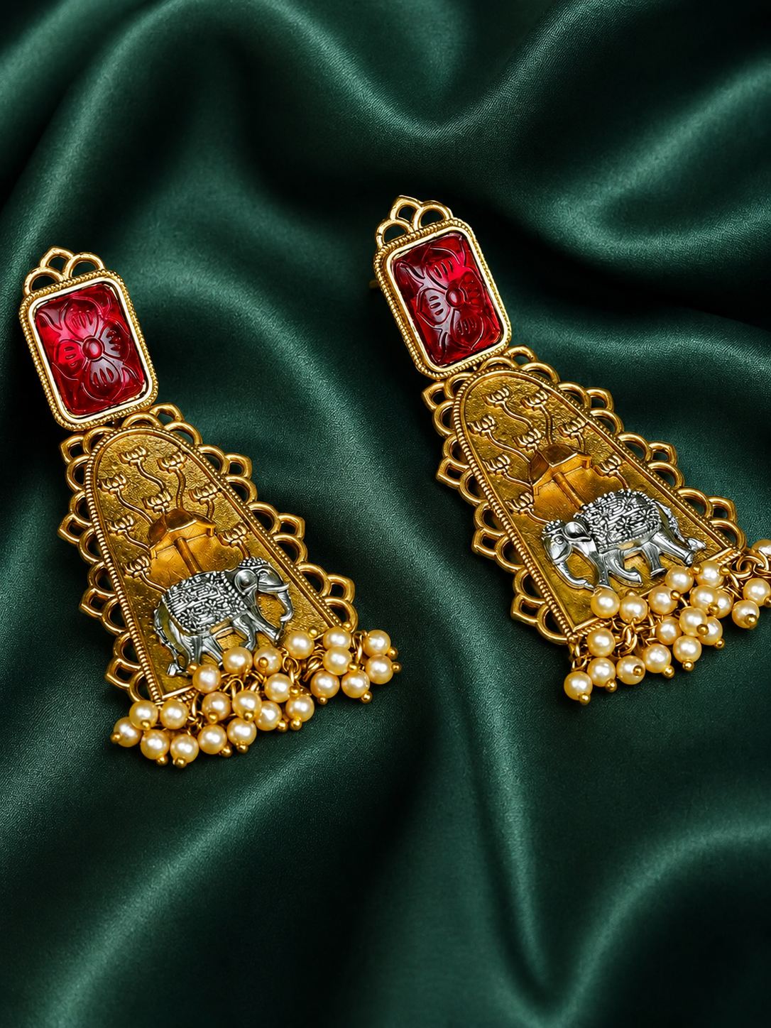 Zevar Club Oxidised Gold & Silver-Toned Elephant Motif Earring with Red Top & Pearls Drops