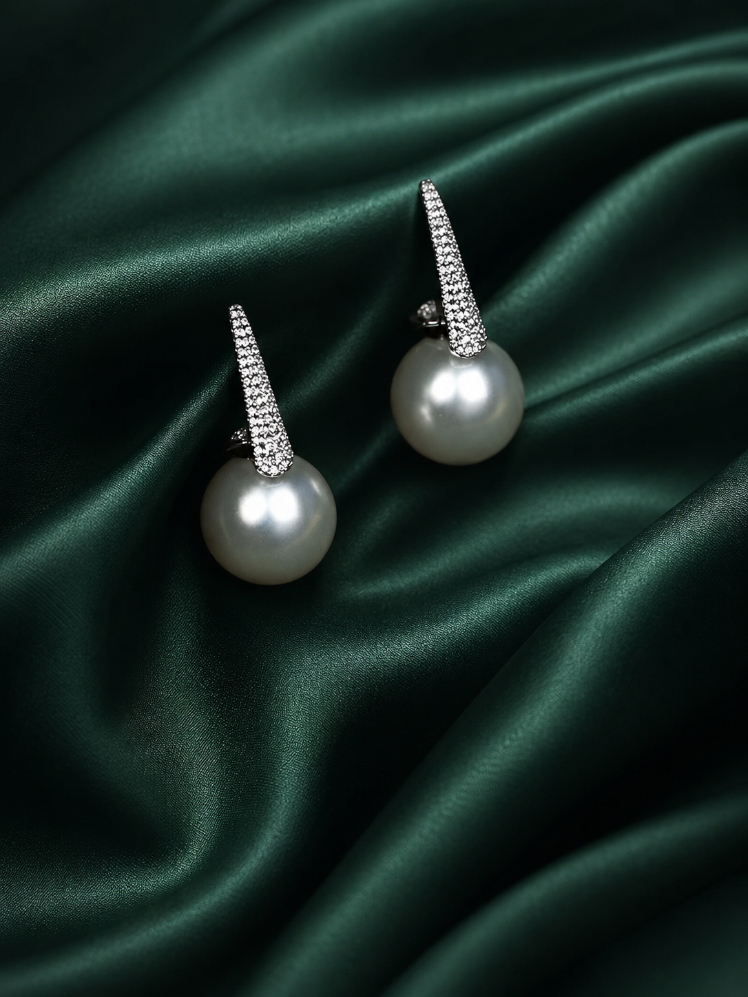 Zevar Club Rhodium-Plated Handcrafted Pointed Cubic Zirconia Top & Glossy Pearl Drop Earrings